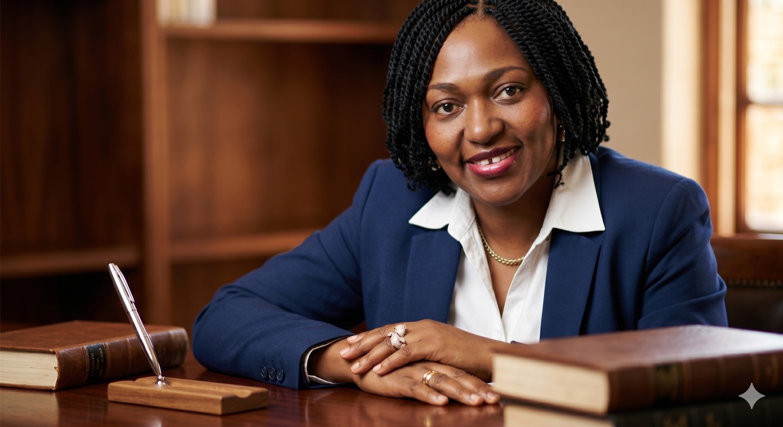 Lami Abayilo seated at a desk with books, in a navy blazer